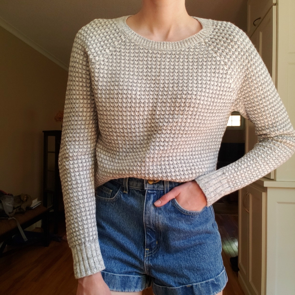 Cozy Grey And White Knit Crewneck Sweater